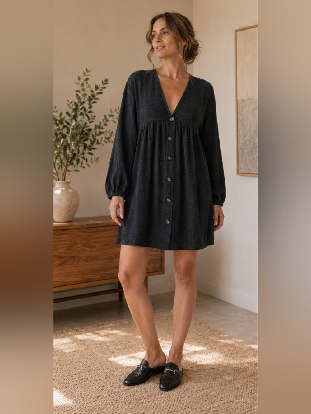 Zara TRF Black Flowy Babydoll Dress – V-Neck Button Front-XS